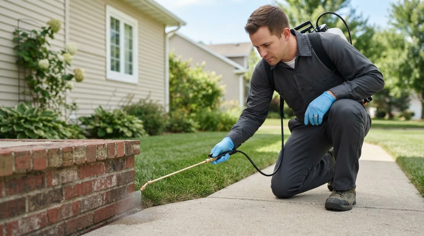 Pest control technician treating a home near Bancroft, IA