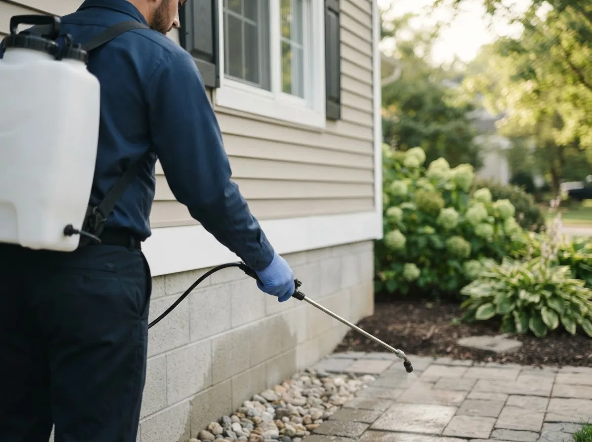 Pest control technician inspecting a home in Bancroft, IA